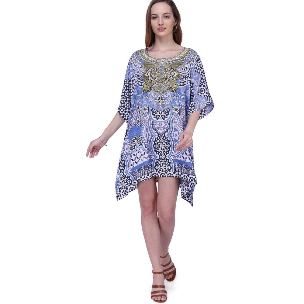 Miss Lavish London Kaftan Dress Large L Blue Boho Short Tunic Beach Cover Up NWT
